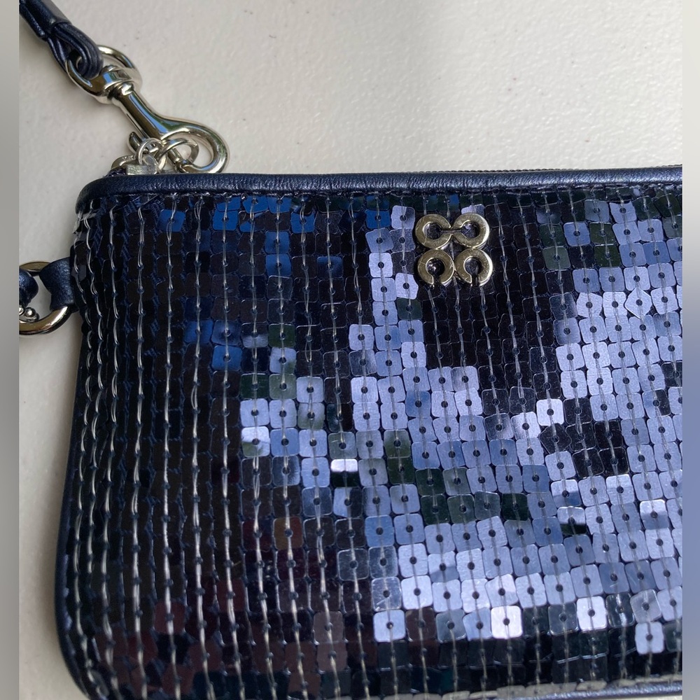 Coach Navy Blue Sparkle Sequins Zipper Pouch Wristlet Cosmetic Bag Purse Wallet - Picture 7 of 17